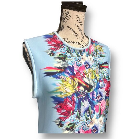 Cynthia Rowley Size Large Blue Floral Scuba Mini Dress Pockets Artsy Boho Resor - Picture 3 of 8